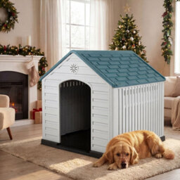Costway Large Plastic Dog House Indoor Outdoor Doggy Kennel With Air Vents-Dark Blue - thumbnail 4