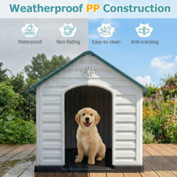 Costway Large Plastic Dog House Indoor Outdoor Doggy Kennel With Air Vents-Dark Blue - thumbnail 5