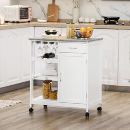 Homcom Kitchen Trolley Utility Cart W/ Wheel Wine Rack Open Shelf And Cabinet - thumbnail 1