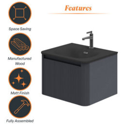 Plum&clay Isla Ribbed Fluted Grey Wall Hung Drawer Vanity Unit & Black Basin Set (W)600mm - thumbnail 6