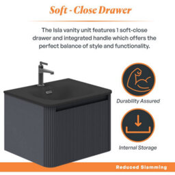 Plum&clay Isla Ribbed Fluted Grey Wall Hung Drawer Vanity Unit & Black Basin Set (W)600mm - thumbnail 4