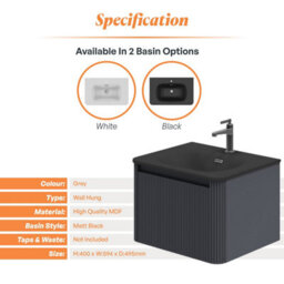 Plum&clay Isla Ribbed Fluted Grey Wall Hung Drawer Vanity Unit & Black Basin Set (W)600mm - thumbnail 5
