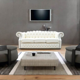 Chesterfield 3 Seater Sofa Shelly Cottonseed Cream Leather In Buckingham Style - thumbnail 4
