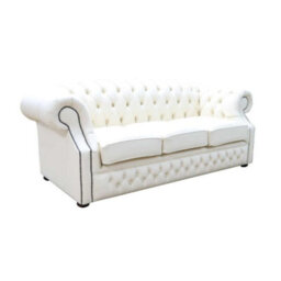 Chesterfield 3 Seater Sofa Shelly Cottonseed Cream Leather In Buckingham Style - thumbnail 3