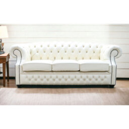 Chesterfield 3 Seater Sofa Shelly Cottonseed Cream Leather In Buckingham Style - thumbnail 6