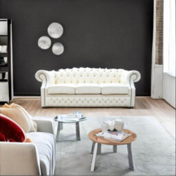 Chesterfield 3 Seater Sofa Shelly Cottonseed Cream Leather In Buckingham Style - thumbnail 2
