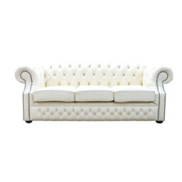 Chesterfield 3 Seater Sofa Shelly Cottonseed Cream Leather In Buckingham Style - thumbnail 1