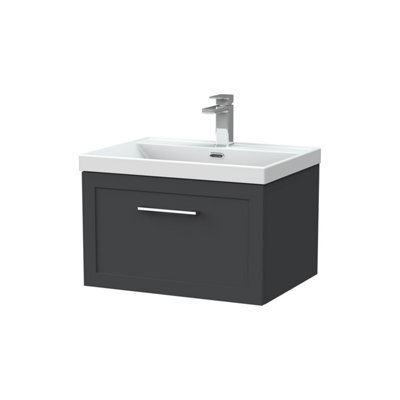 Balterley Stonnall Traditional Wall Hung 1 Drawer Vanity Unit With Thin-Edge Ceramic Basin, 600mm, Dark Grey - image 1