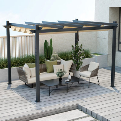 Costway 2.9 X 3.6 M Outdoor Retractable Pergola Aluminum Patio Shelter W/ Canopy Beige - image 1