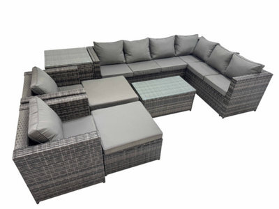 Fimous Patio Sofa Oblong Coffee Table Set Rattan Garden Furniture Set With 2 Chairs 2 Big Stools Side Table Dark Grey Mixed - image 1