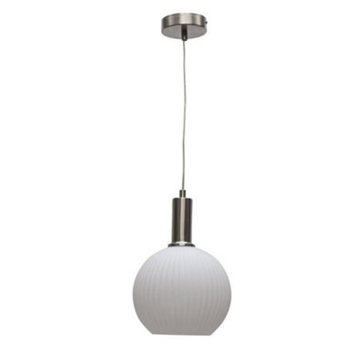 First Choice Lighting Betchley - White Ribbed Glass Globe Satin Nickel Deco Pendant Fitting - image 1