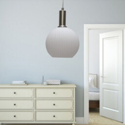 First Choice Lighting Betchley - White Ribbed Glass Globe Satin Nickel Deco Pendant Fitting - thumbnail 4