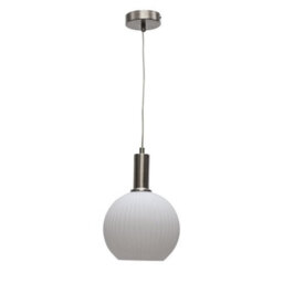 First Choice Lighting Betchley - White Ribbed Glass Globe Satin Nickel Deco Pendant Fitting - thumbnail 1