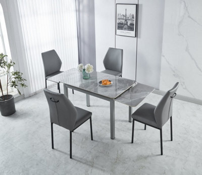 Modernique Sintere Stone Top Extending Dining Table Set With 4 Faux Leather Chairs, Stone Effect & Metal Frame - image 1