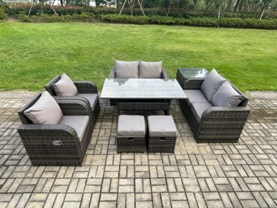 Fimous Rattan Outdoor Furniture Garden Dining Set Rectangular Table And Chair Sofa Set With Side Table 2 Small Footstools - image 1