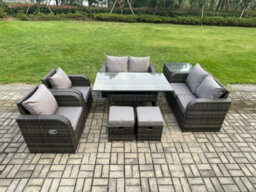 Fimous Rattan Outdoor Furniture Garden Dining Set Rectangular Table And Chair Sofa Set With Side Table 2 Small Footstools - thumbnail 1