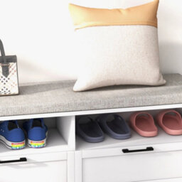 Shoe Bench With Removable Cushion, Open Compartments And Drawers - thumbnail 5