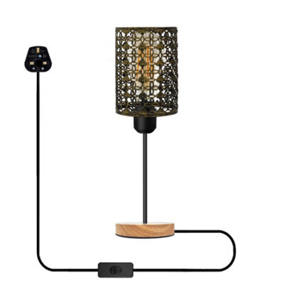 Modern Bedside Table Lamp With Wooden Stand, Metal Cage , On Off Switch , Brushed Brass