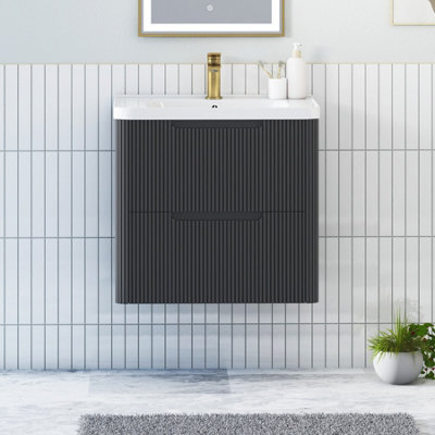 Royal Bathrooms Avenza 600mm Fluted Wall Hung Vanity Unit Matt Obsidian Black 2 Drawer Storage Cabinet With Ceramic Basin - image 1
