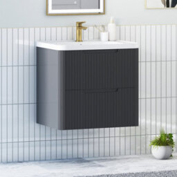 Royal Bathrooms Avenza 600mm Fluted Wall Hung Vanity Unit Matt Obsidian Black 2 Drawer Storage Cabinet With Ceramic Basin - thumbnail 6