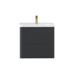 Royal Bathrooms Avenza 600mm Fluted Wall Hung Vanity Unit Matt Obsidian Black 2 Drawer Storage Cabinet With Ceramic Basin - thumbnail 7
