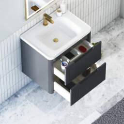 Royal Bathrooms Avenza 600mm Fluted Wall Hung Vanity Unit Matt Obsidian Black 2 Drawer Storage Cabinet With Ceramic Basin - thumbnail 5