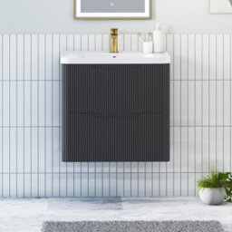 Royal Bathrooms Avenza 600mm Fluted Wall Hung Vanity Unit Matt Obsidian Black 2 Drawer Storage Cabinet With Ceramic Basin - thumbnail 1