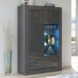 Display Cabinet Arcadia 140Cm - Dark Grey With Gloss Doors And Led Lights - thumbnail 1