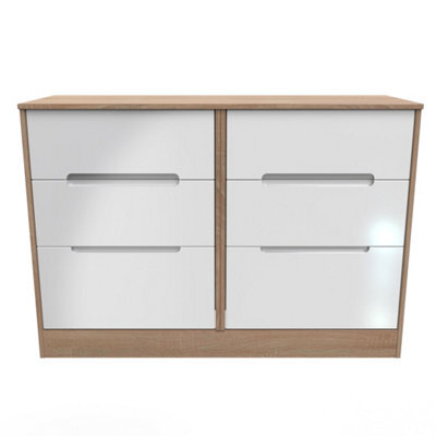 Turin 6 Drawer Wide Chest In White Gloss & Bardolino Oak (Ready Assembled) - image 1
