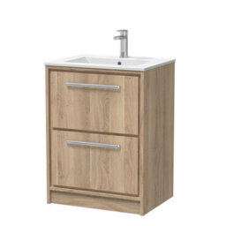 Hudson Reed Lille Floor Standing Two Drawer Contemporary Vanity Unit With 1 Tap Hole Basin In Bleached Oak, 605 X 460mm - thumbnail 1