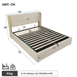 Matteo King Size Upholstered Bed Frame, Hydraulic Storage, Led Headboard & Charging Ports - Beige - thumbnail 9