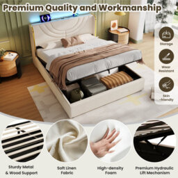 Matteo King Size Upholstered Bed Frame, Hydraulic Storage, Led Headboard & Charging Ports - Beige - thumbnail 6