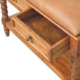 Artisan Furniture Solid Wood Leather Spindle Bench, 2-Drawers, 1 Open Shelf, Light Brown - thumbnail 8