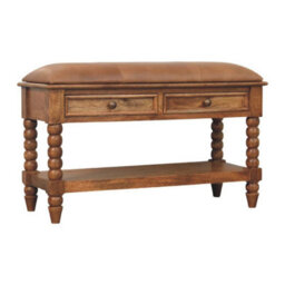 Artisan Furniture Solid Wood Leather Spindle Bench, 2-Drawers, 1 Open Shelf, Light Brown - thumbnail 3