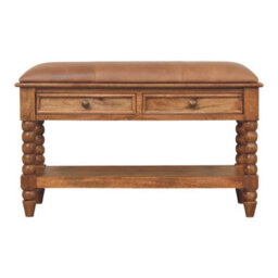 Artisan Furniture Solid Wood Leather Spindle Bench, 2-Drawers, 1 Open Shelf, Light Brown - thumbnail 2