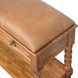 Artisan Furniture Solid Wood Leather Spindle Bench, 2-Drawers, 1 Open Shelf, Light Brown - thumbnail 7