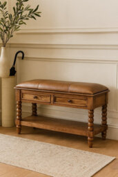 Artisan Furniture Solid Wood Leather Spindle Bench, 2-Drawers, 1 Open Shelf, Light Brown - thumbnail 1
