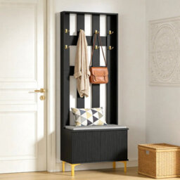 Coat Rack Stand With Shoe Storage Bench 2 Tier Clothes Hat Hanger 8 Hooks Hallwa Black - thumbnail 6