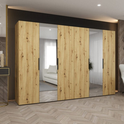 Arte Oak Artisan Marbella Ii Hinged Door Wardrobe 300Cm - Expansive Woodgrain Storage With Mirrored Highlights - image 1