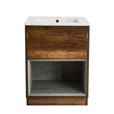 Homestylestore 612mm Dark Oak Bathroom Vanity Unit Led Lit Open Shelf Marble Effect Basin - image 1