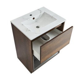 Homestylestore 612mm Dark Oak Bathroom Vanity Unit Led Lit Open Shelf Marble Effect Basin - thumbnail 2