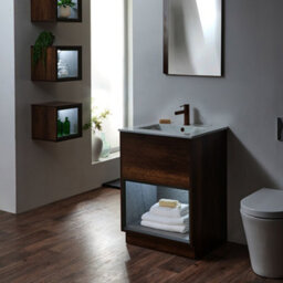 Homestylestore 612mm Dark Oak Bathroom Vanity Unit Led Lit Open Shelf Marble Effect Basin - thumbnail 3