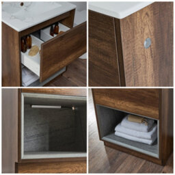 Homestylestore 612mm Dark Oak Bathroom Vanity Unit Led Lit Open Shelf Marble Effect Basin - thumbnail 4