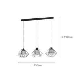 Eglo Vernham 3-Light Black Metal & Smoke Glass Pendant - Vintage Design (L) 114.5Cm - thumbnail 4