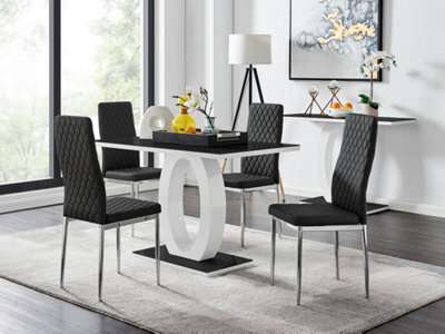 Furniturebox Giovani Rectangular 4 Seat White High Gloss Unique Halo Dining Table Black Glass Top 4 Black Faux Leather Silver Leg Milan Chairs - image 1