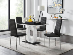 Furniturebox Giovani Rectangular 4 Seat White High Gloss Unique Halo Dining Table Black Glass Top 4 Black Faux Leather Silver Leg Milan Chairs