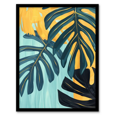 Artery8 Monstera Deliciosa Leaves Teal Yellow Painting Wall Art Print - A4 Size