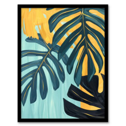Artery8 Monstera Deliciosa Leaves Teal Yellow Painting Wall Art Print - A4 Size - thumbnail 1