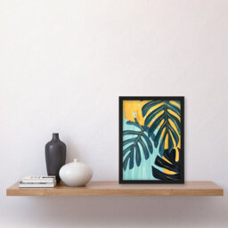 Artery8 Monstera Deliciosa Leaves Teal Yellow Painting Wall Art Print - A4 Size - thumbnail 2