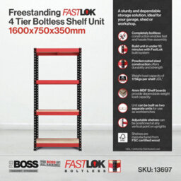 Rb Boss Garage Shelving Unit Fastlok 4 Shelf Mdf Red & Black Powder Coated Steel (H)1600mm (W)750mm (D)350mm - thumbnail 5